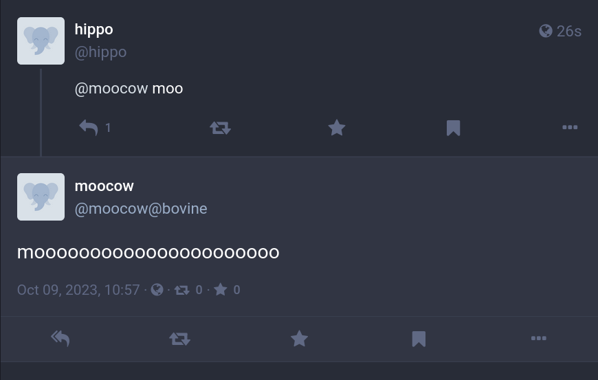 Screenshot shows @moocow@bovine replying with a moo